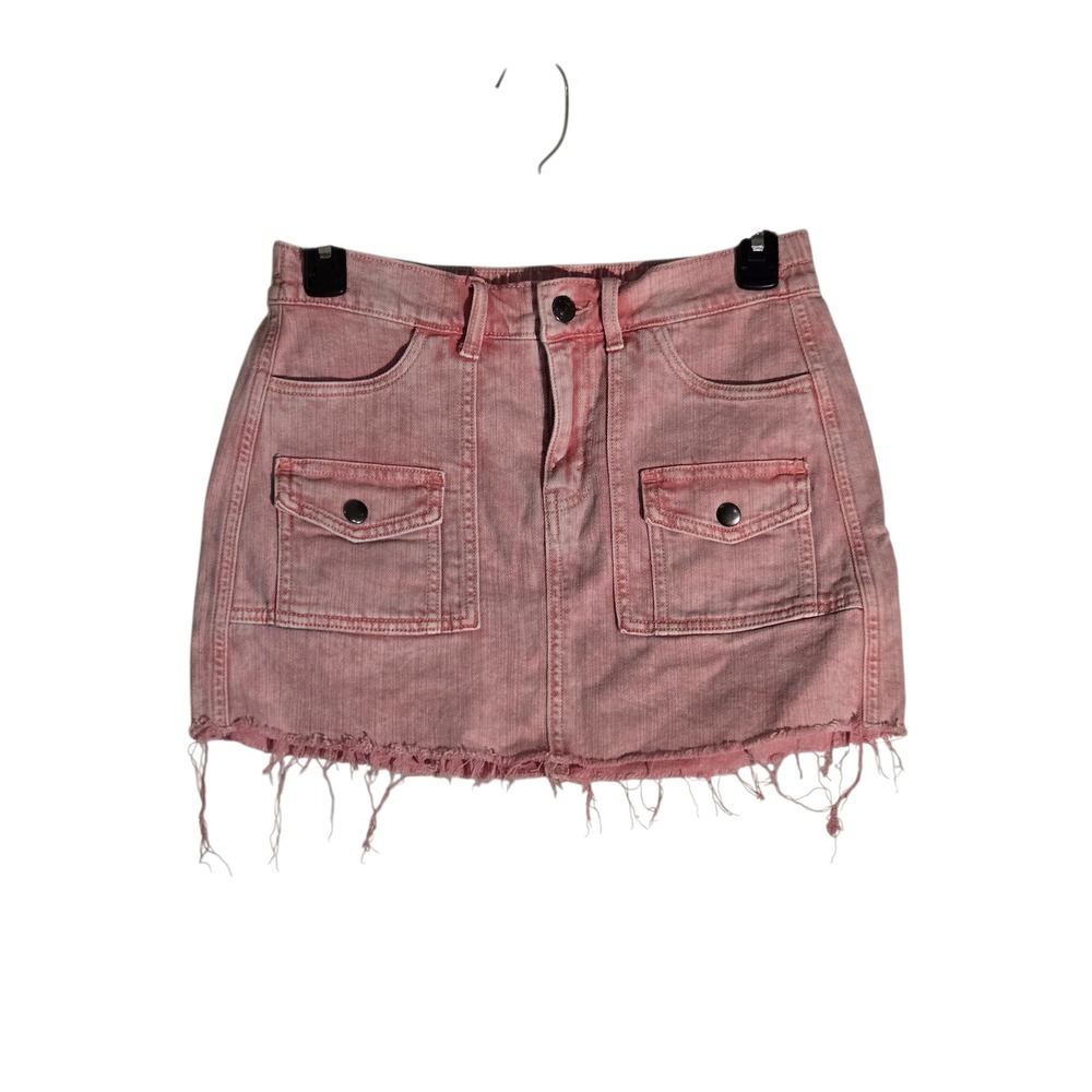 Aerie Pink Acid Wash Denim Mini Skirt Raw Hem Cargo Pockets XS